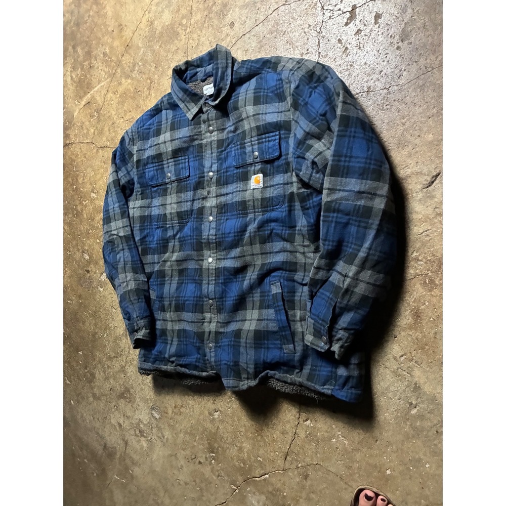 Carhartt Mens XL Blue Grey Plaid Sherpa Lined Flannel Shirt Jacket Relaxed Fit - Picture 4 of 6